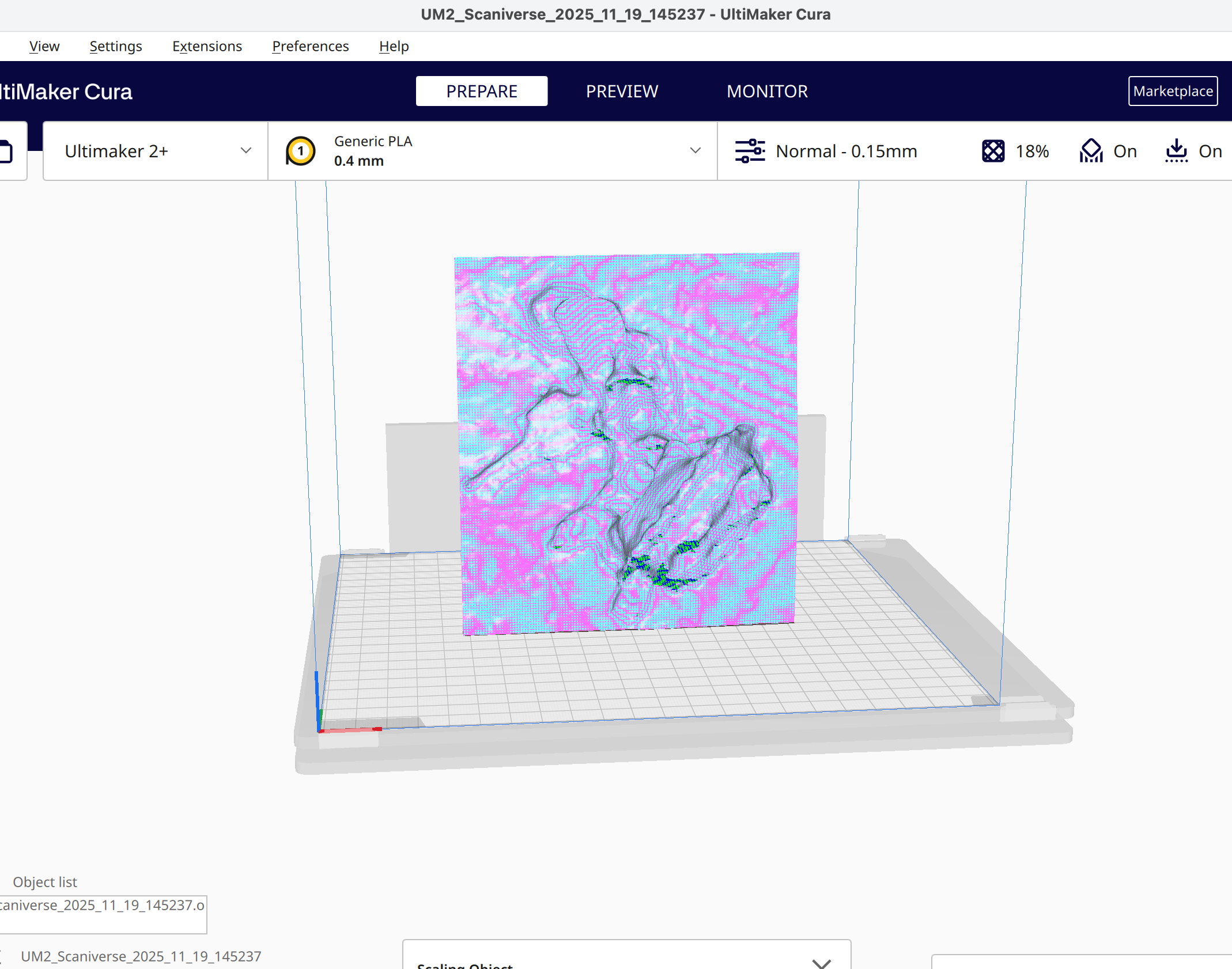 This is the back view of a badly scanned face's 3D model, the back facing elements can be seen with the blue and pink squares.
